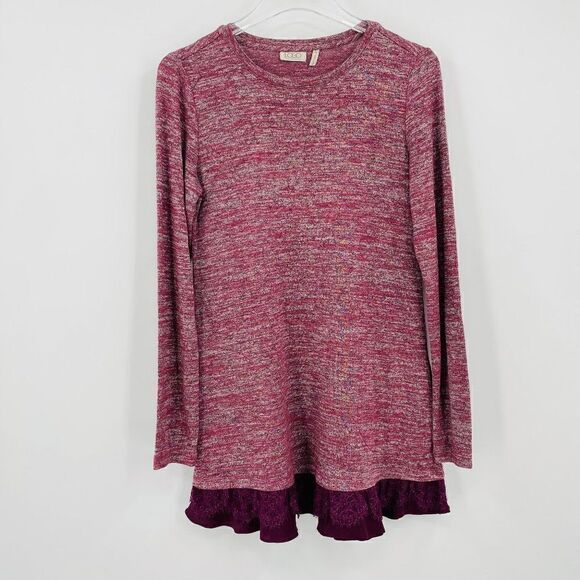 LOGO Lori Goldstein Size XS Burgundy Spacedye Lace Trim Long Sleeve Tunic Top - Picture 1 of 9